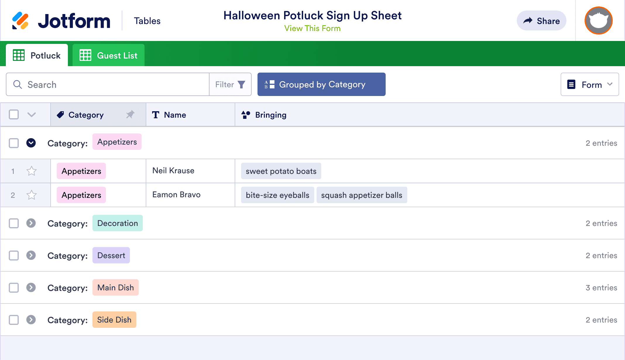Halloween Potluck Sign Up Sheet