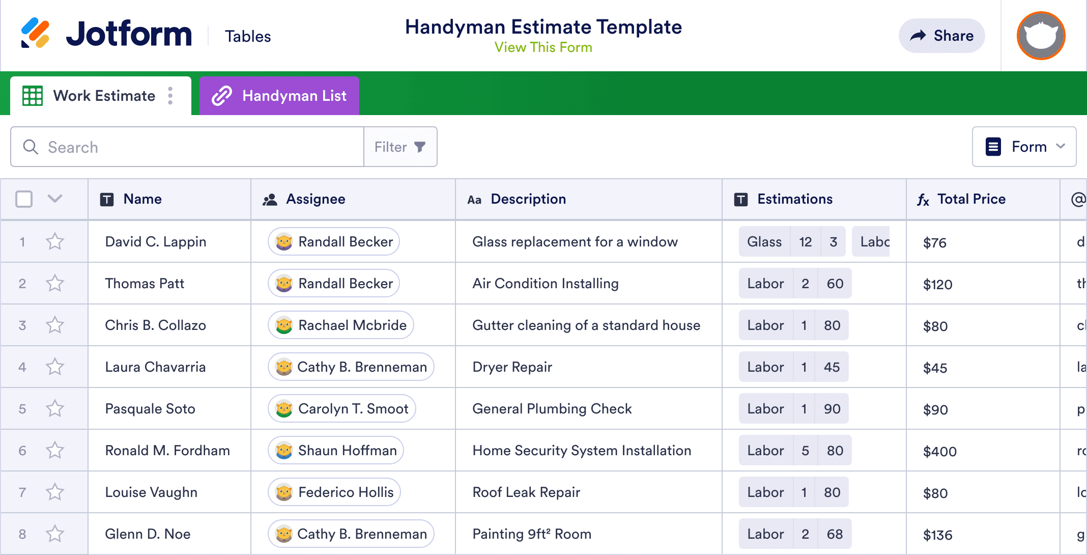 Handyman Estimate Template Jotform Tables