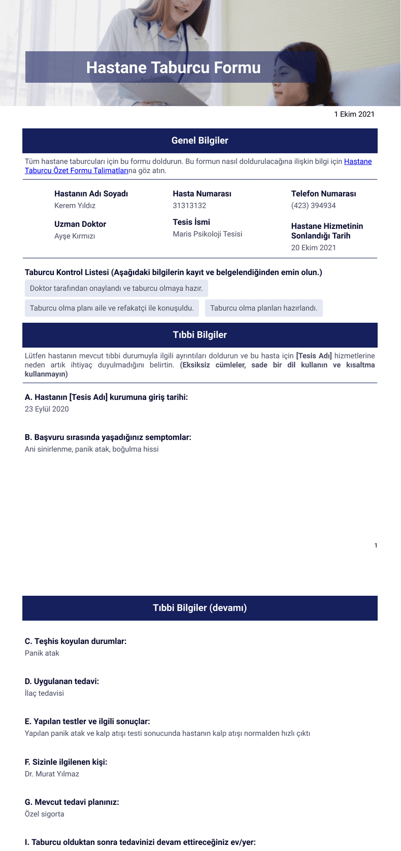 PDF Templates: Hastane Taburcu Şablonu