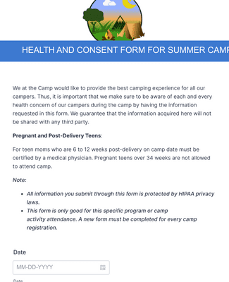 Health and Consent Form for Summer Camp