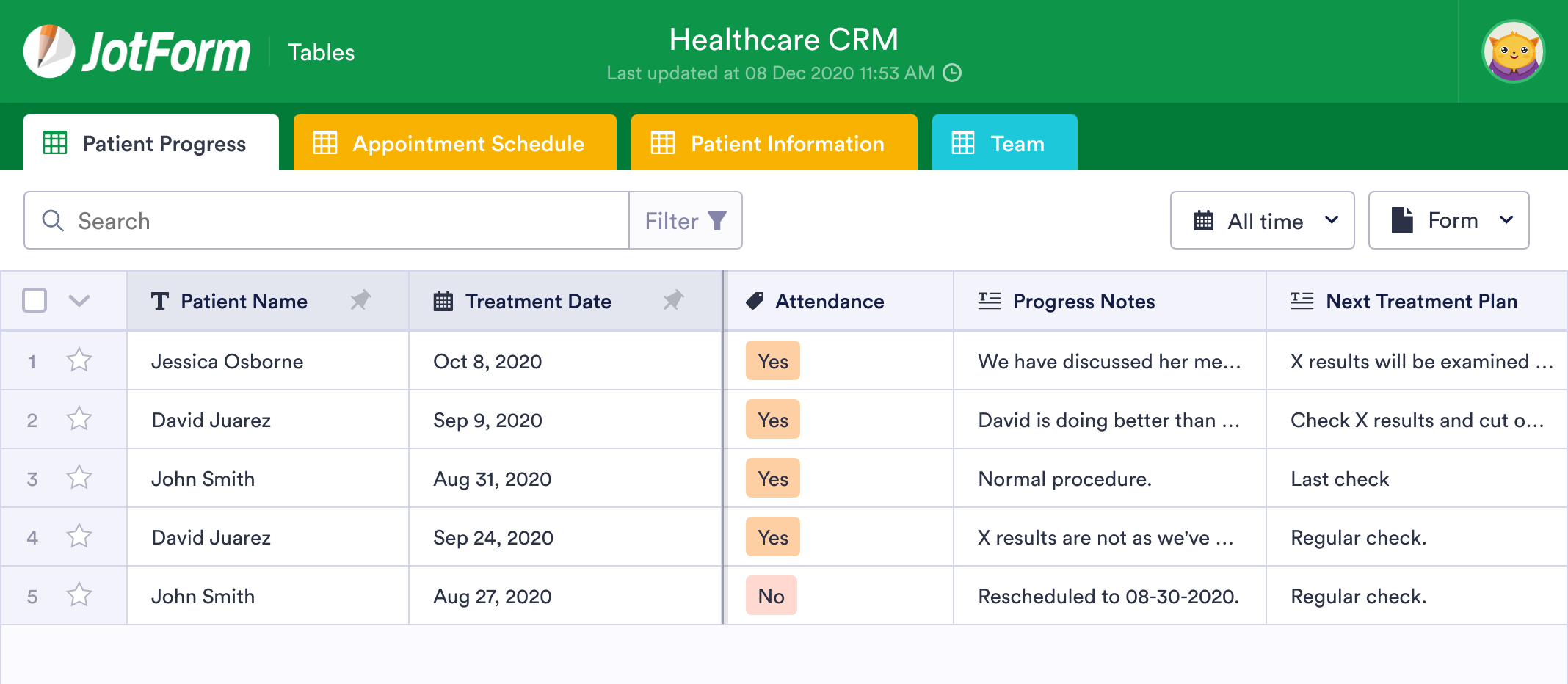 Healthcare CRM Template | JotForm Tables