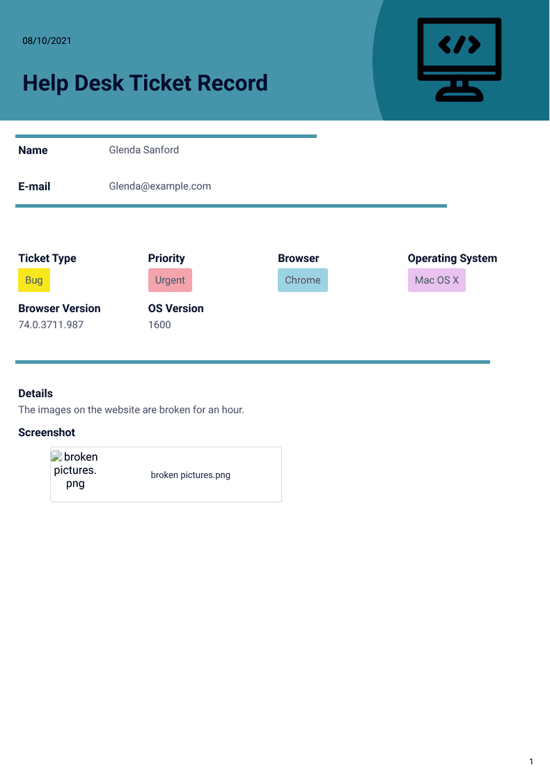 Help Desk Ticket Record PDF Templates Jotform