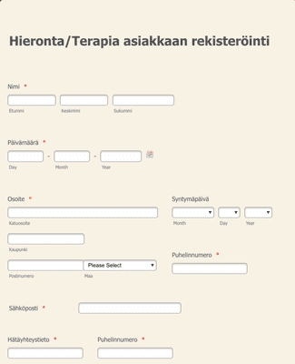 Form Templates: Hieronta/Terapia asiakkaan rekisteröinti
