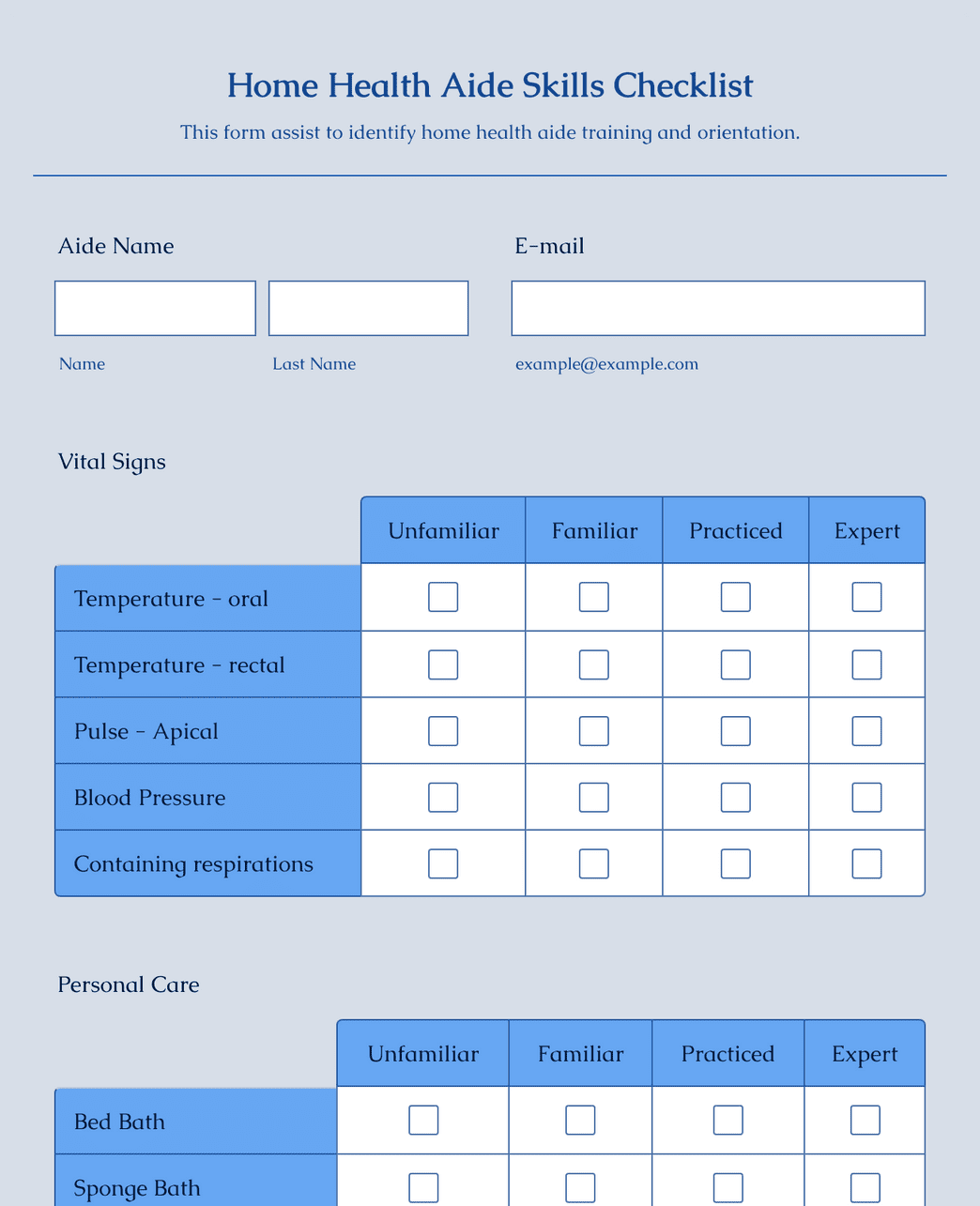 Home Health Aide Skills Checklist Form Template Jotform