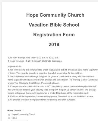 Hope Community Church Vacation Bible School Registration Form 2019