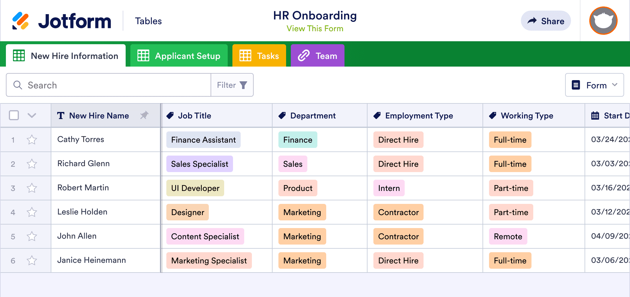 HR Onboarding Template | Jotform Tables
