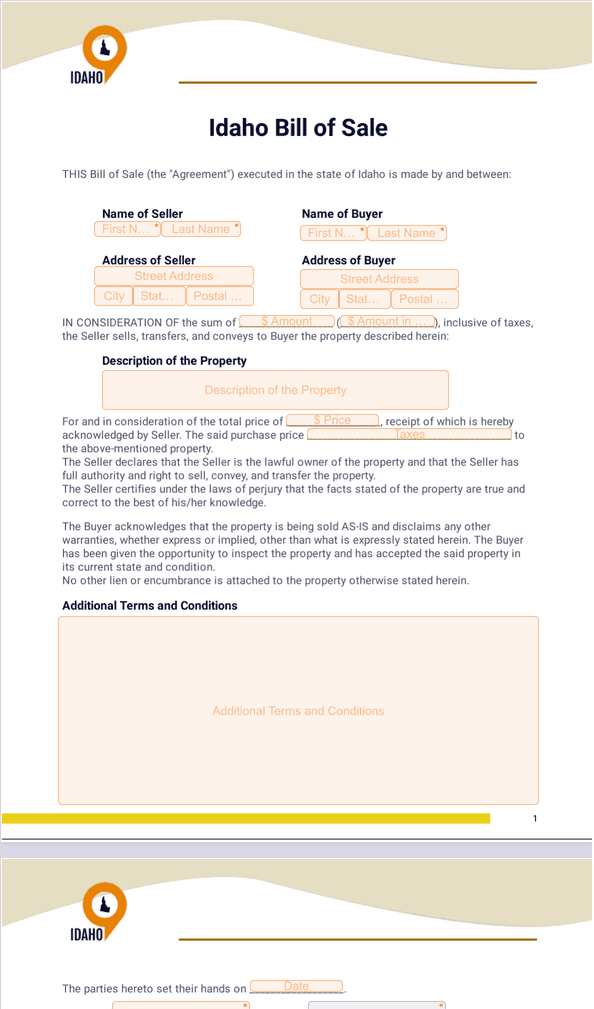 Idaho Bill of Sale Sign Templates Jotform