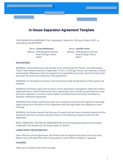 In House Separation Agreement Template