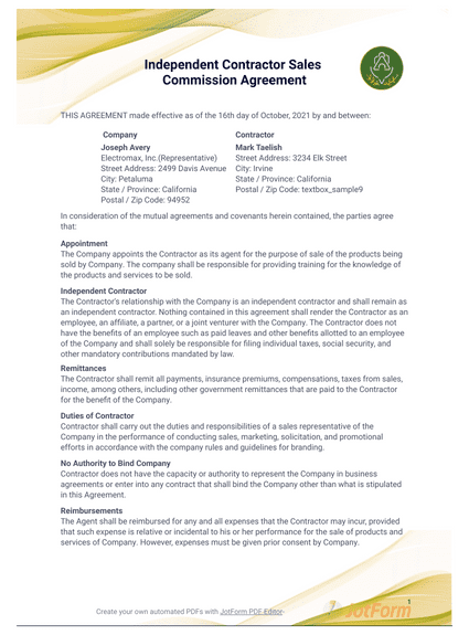 Independent Contractor Sales Commission Agreement - PDF Templates | Jotform