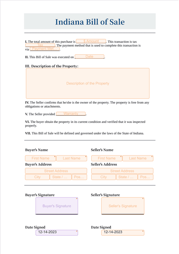 Indiana Bill of Sale - Sign Templates | Jotform