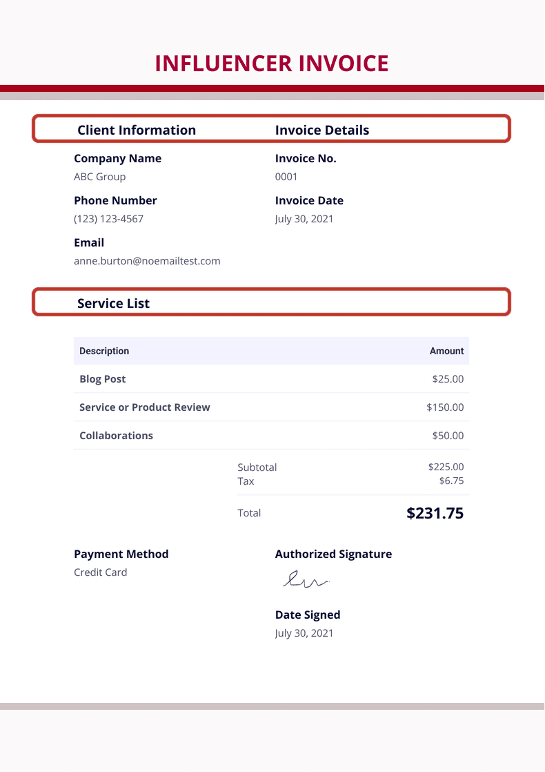 INFLUENCER INVOICE - PDF Templates | Jotform
