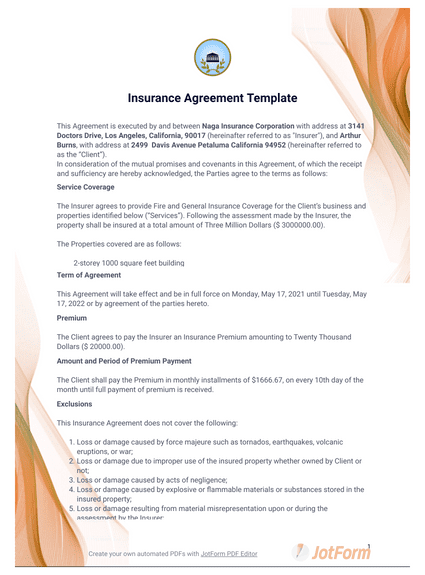 Insurance Agreement Template