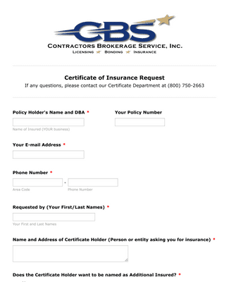 Insurance Certificate Request Form Template | Jotform