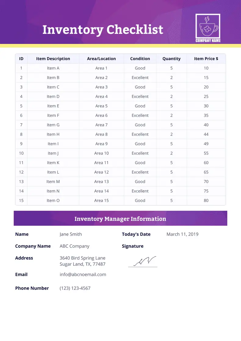 Inventory Checklist Template - PDF Templates | Jotform
