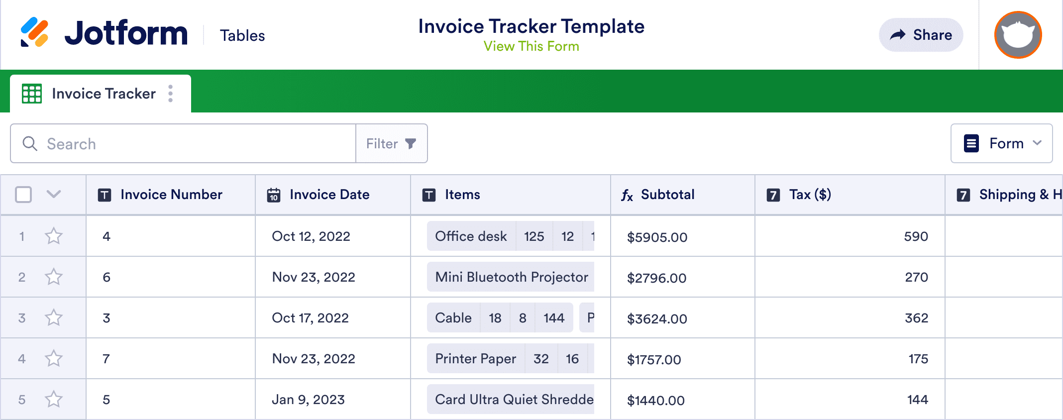 Invoice Tracker Template Jotform Tables