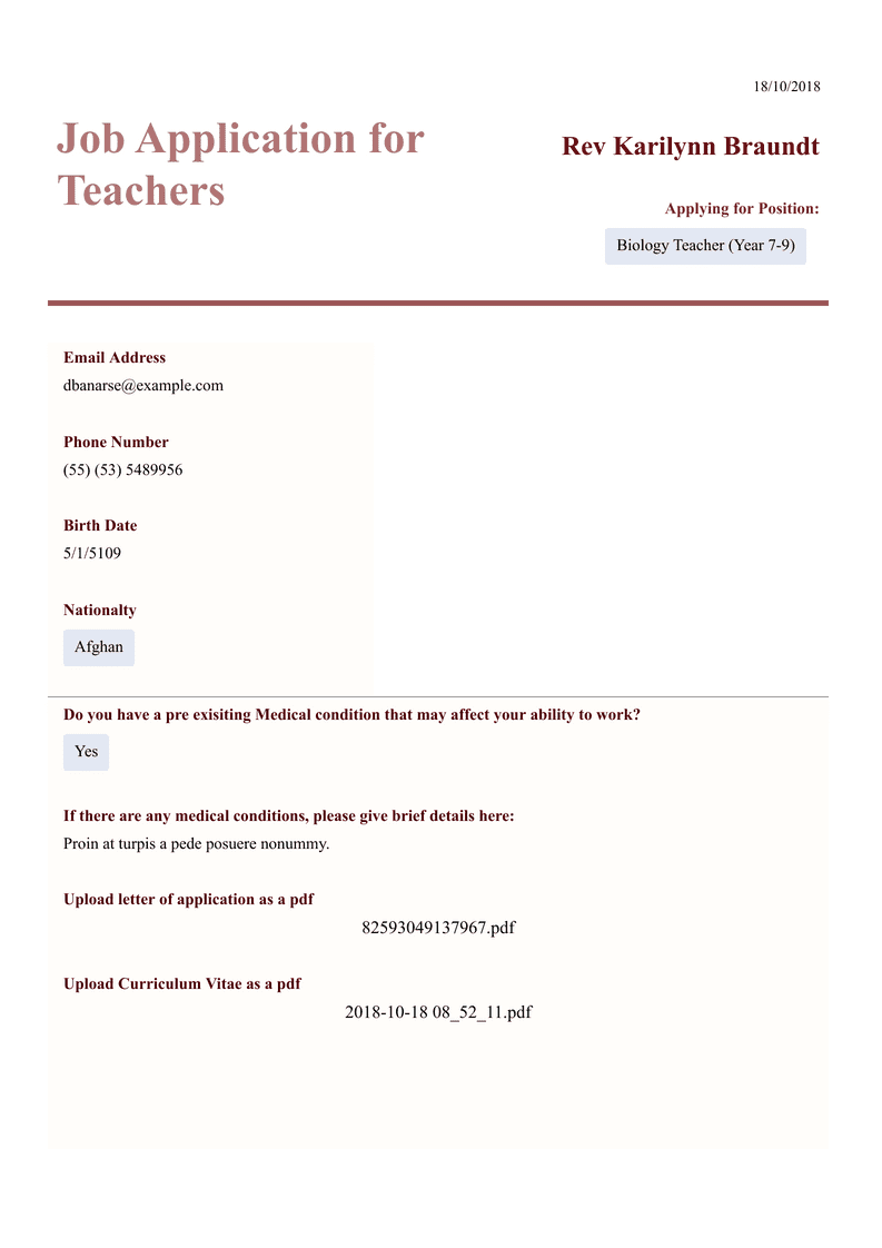 PDF Templates: Job Application for Teachers Template