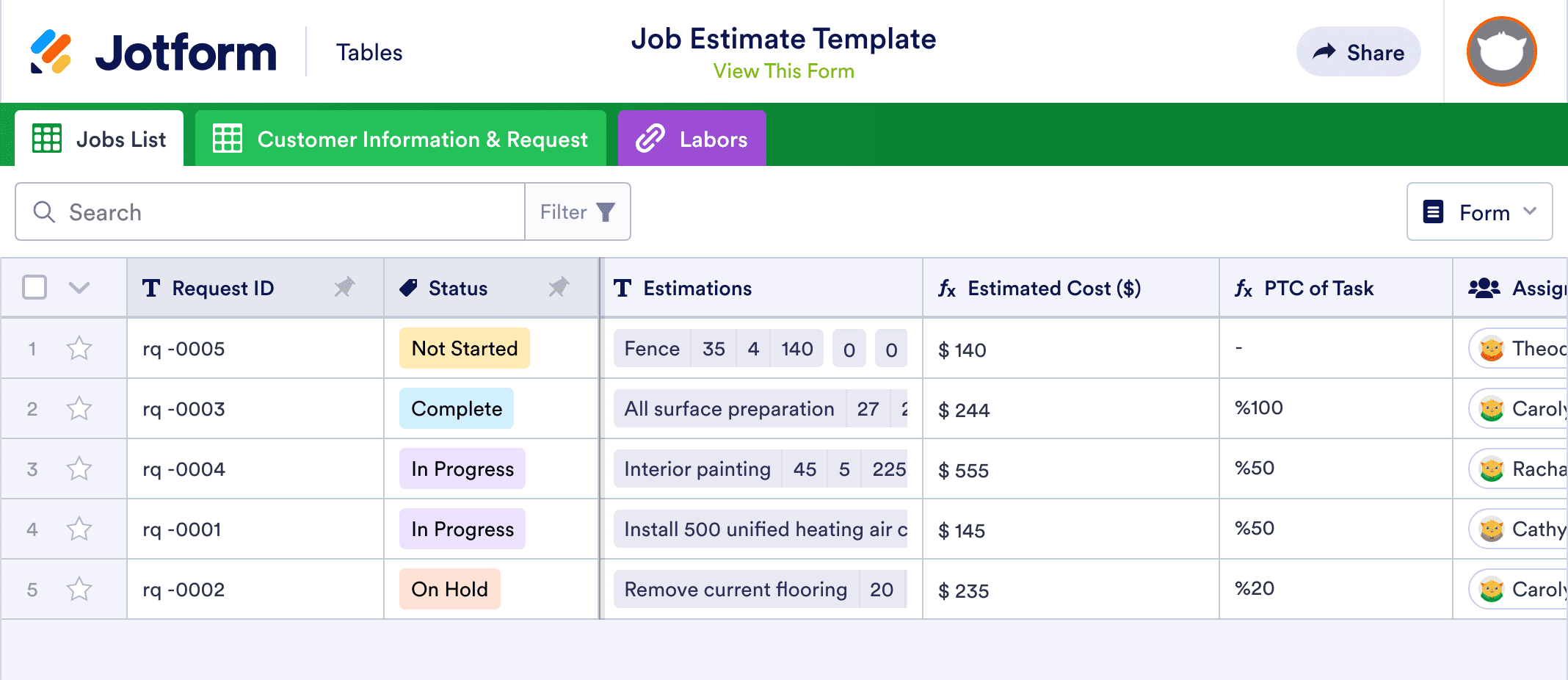 Job Estimate Template | Jotform Tables