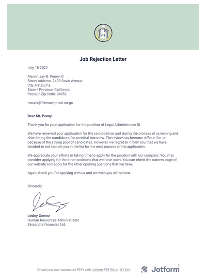 Job Rejection Letter