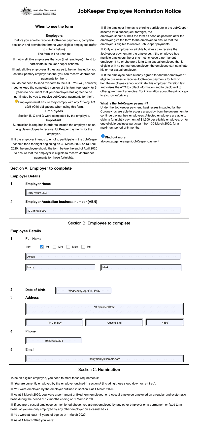 PDF Templates: JobKeeper Employee Nomination Notice