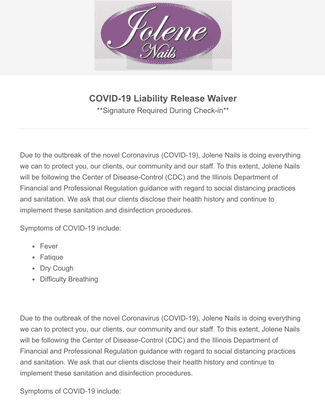 Jolene Nails COVID-19 Liability Release Waiver