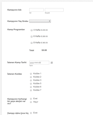 Form Templates: Kamp Kayıt Formu PayPal Checkout