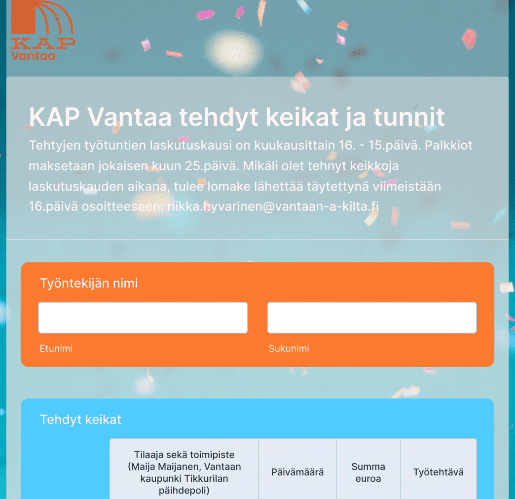KAP Vantaa tehdyt keikat Lomakepohja Jotform