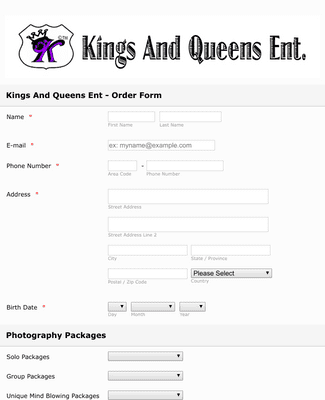Kings And Queens Photography Order Form