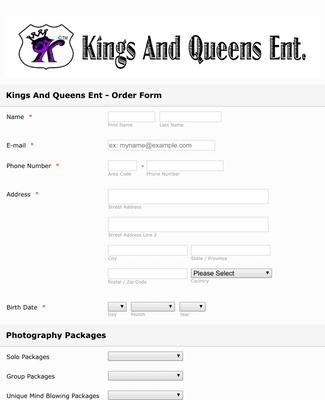 Kings and Queens Photography Order Form