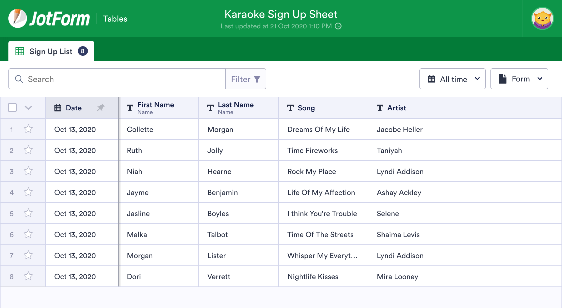 Karaoke Sign Up Sheet Template JotForm Tables