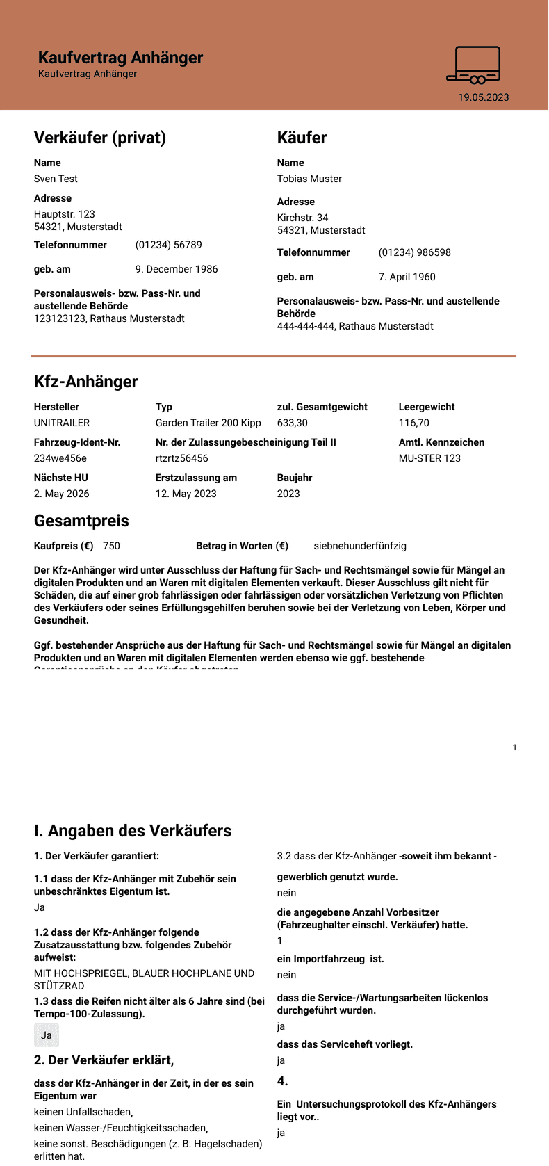 PDF Templates: Kaufvertrag Anhänger
