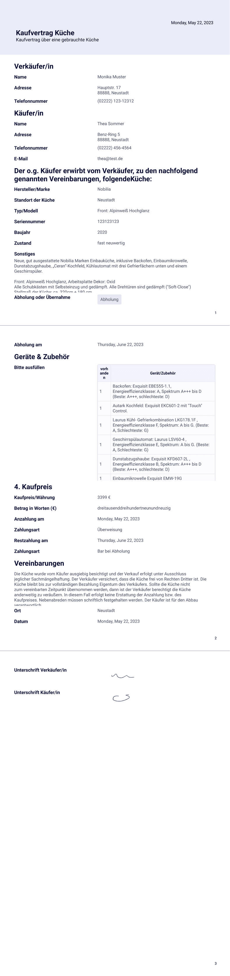 PDF Templates: Kaufvertrag Küche