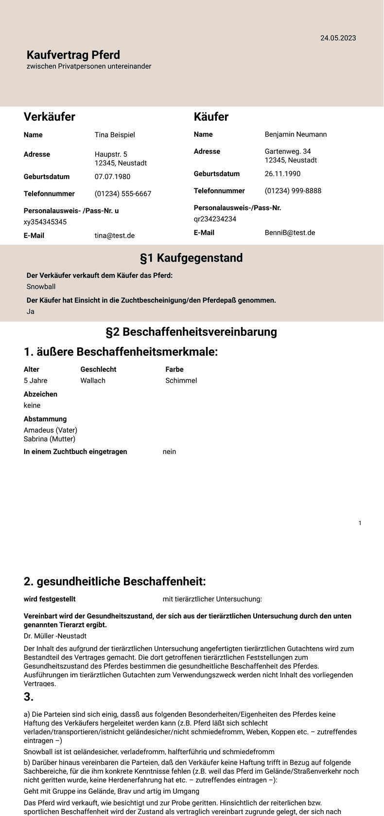 PDF Templates: Kaufvertrag Pferd