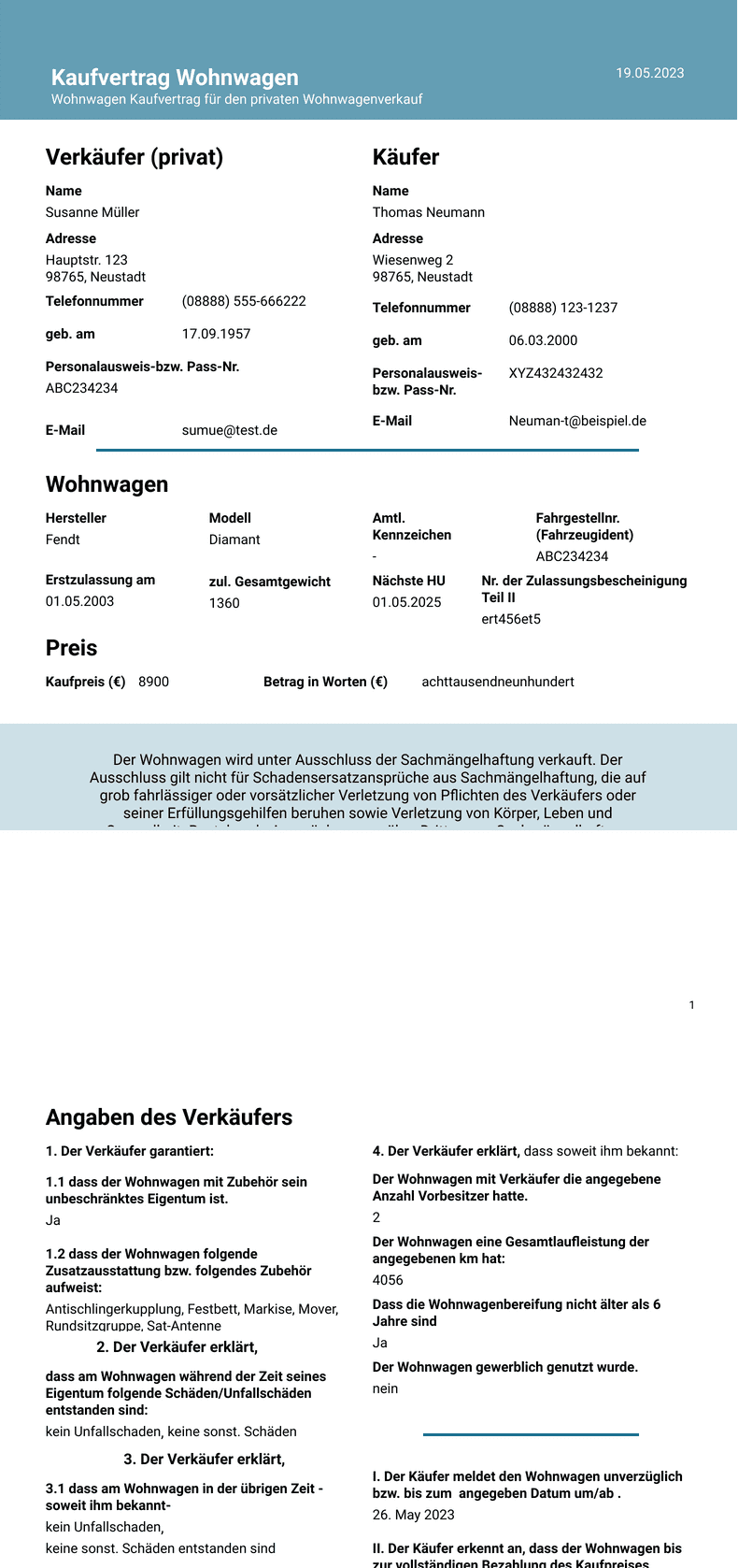 PDF Templates: Kaufvertrag Wohnwagen