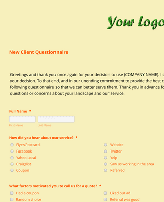 Questionare Landscape Lawn Care/Landscaping New Client Questionnaire Form Template | Jotform