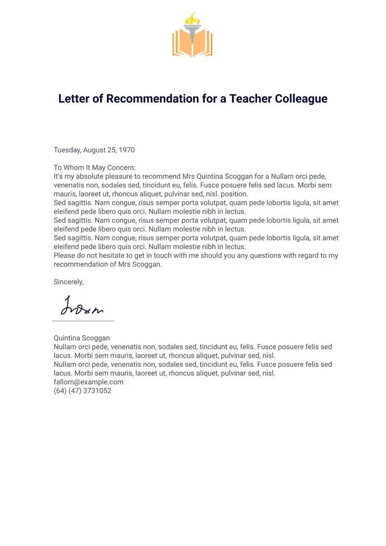 Letter of Recommendation for a Teacher Colleague