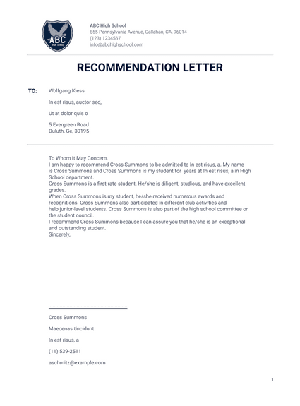 Letter of Recommendation for College