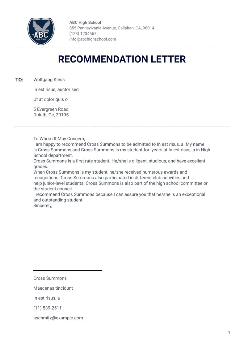 Letter of Recommendation for College