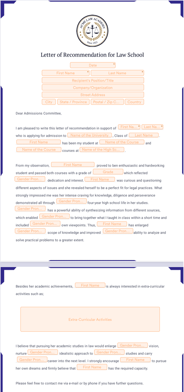 Sign Templates: Letter of Recommendation for Law School