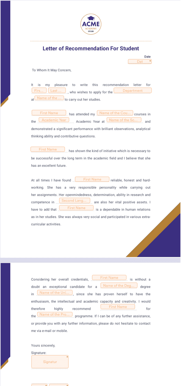 PDF Templates: Letter of Recommendation for Student