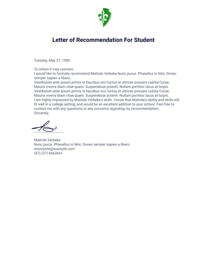 Letter of Recommendation for Student