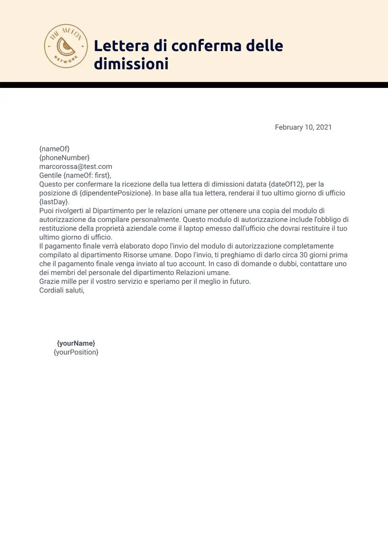 Lettera di conferma delle dimissioni - Template PDF | Jotform