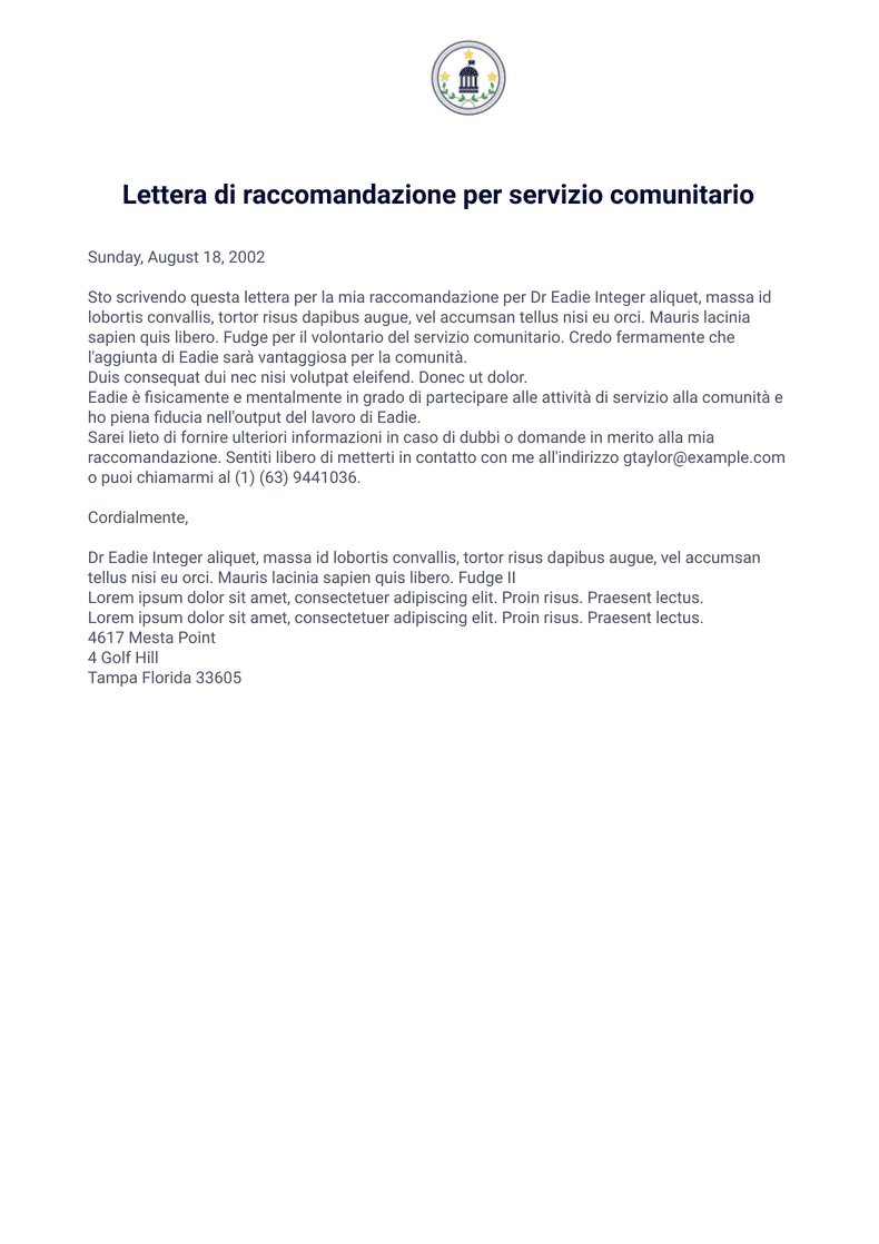 Lettera di raccomandazione per servizio comunitario