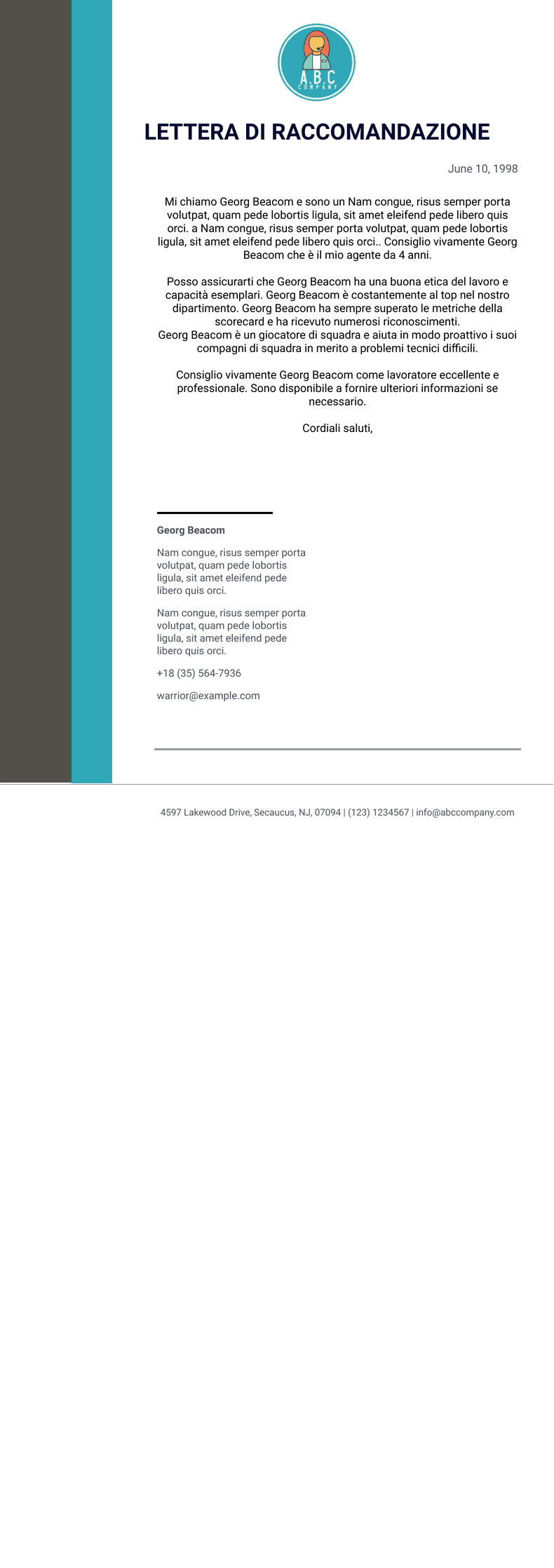 Lettera di raccomandazione per servizio comunitario ...