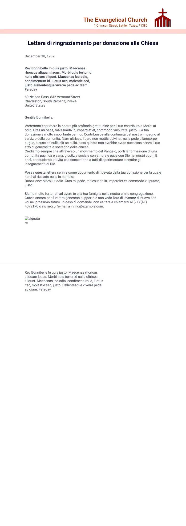 Lettera di ringraziamento per donazione alla Chiesa ...