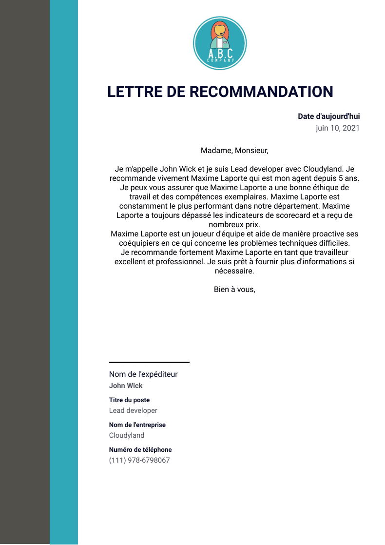 PDF Templates: Lettre de recommandation professionnelle