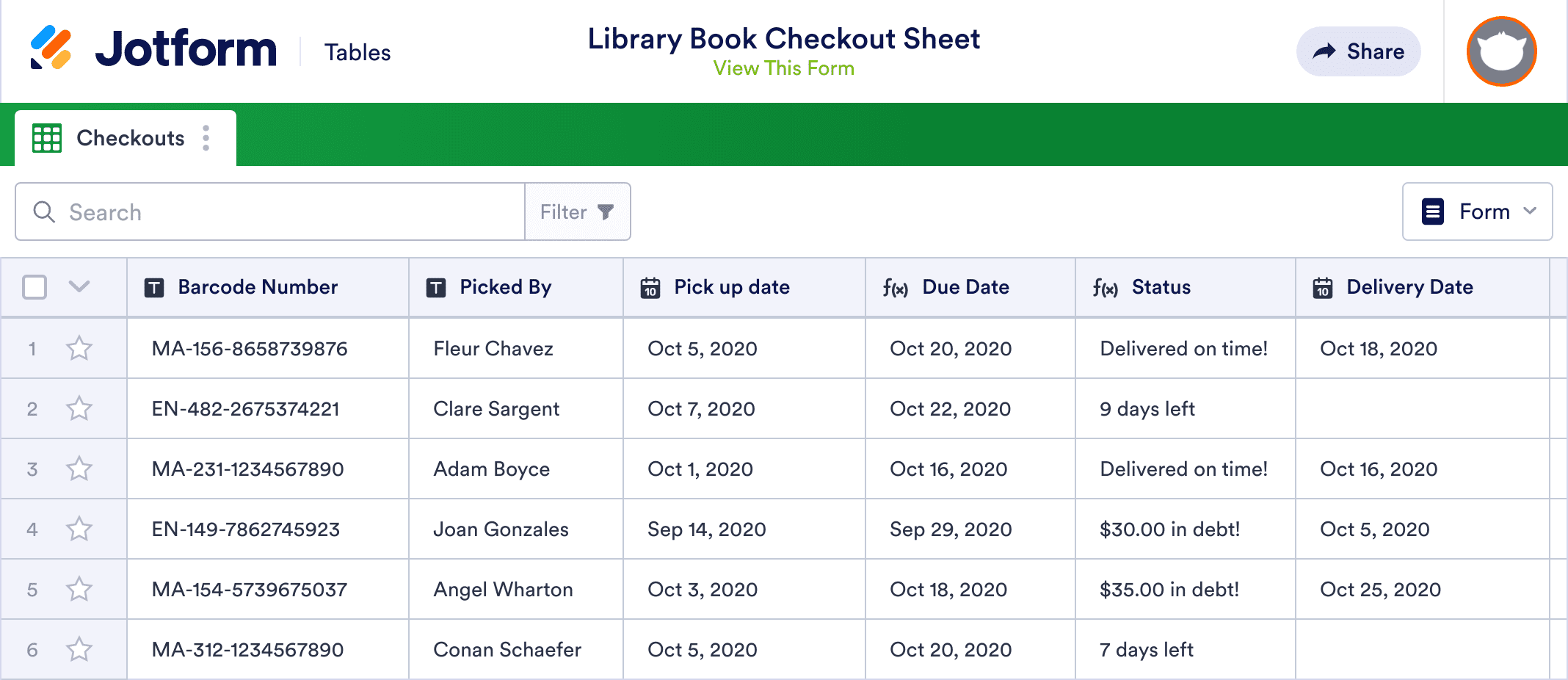 Library Book Checkout Sheet