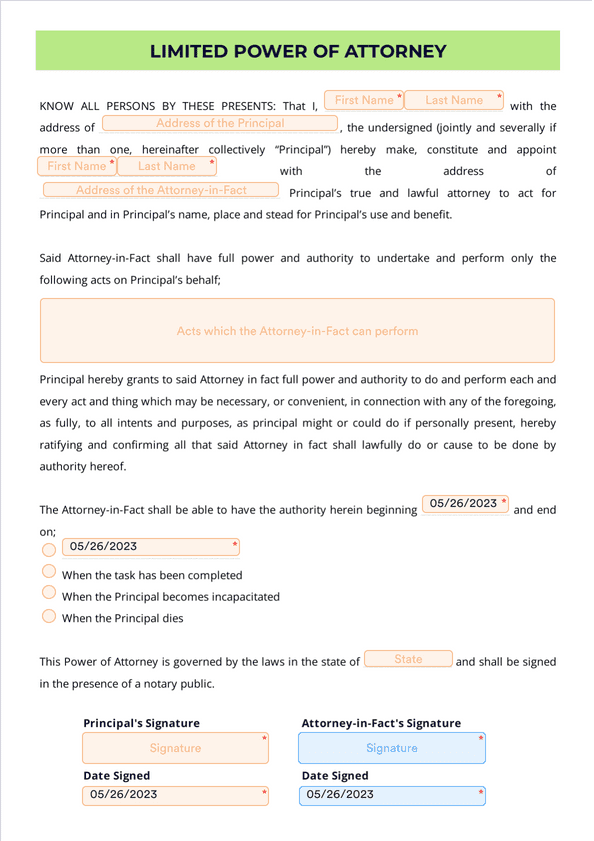 Limited Power Of Attorney Sign Templates Jotform