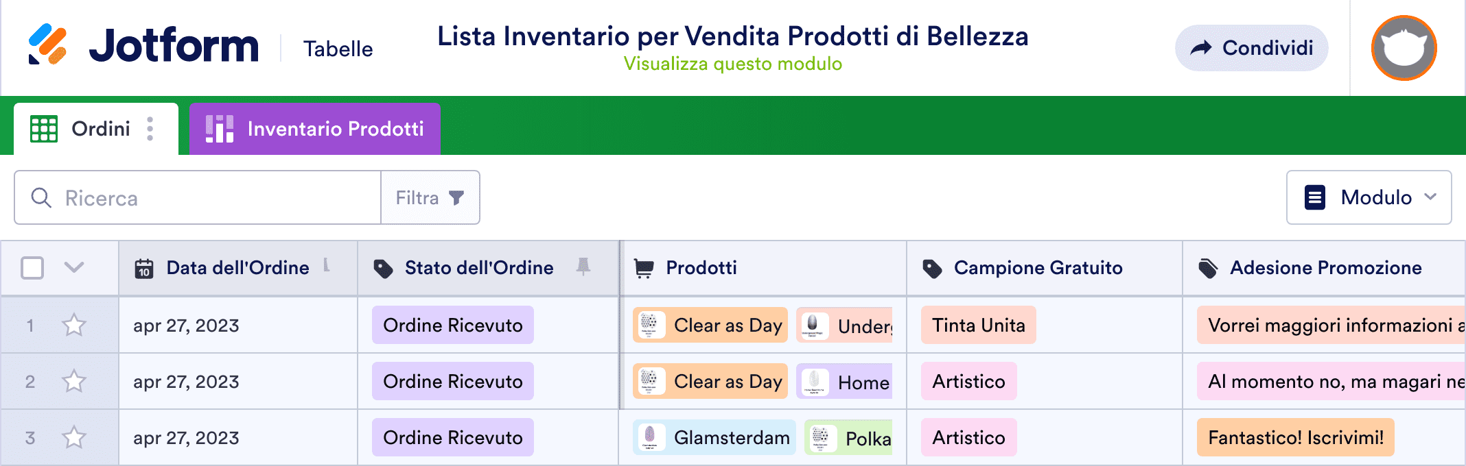 Lista prodotti