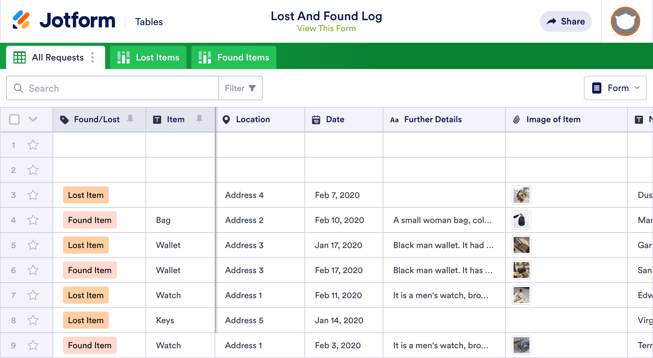 Lost And Found Log Template | Jotform Tables