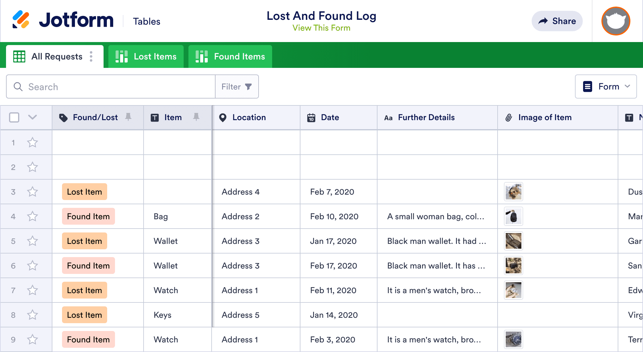 Lost And Found Log Template Jotform Tables Lost And Found Log Template Jotform Tables